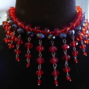 GOTH VAMPIRE VICTORIAN RED BLACK BEAD FRINGED NECKLACE BRACELET EARRINGS GYPSY